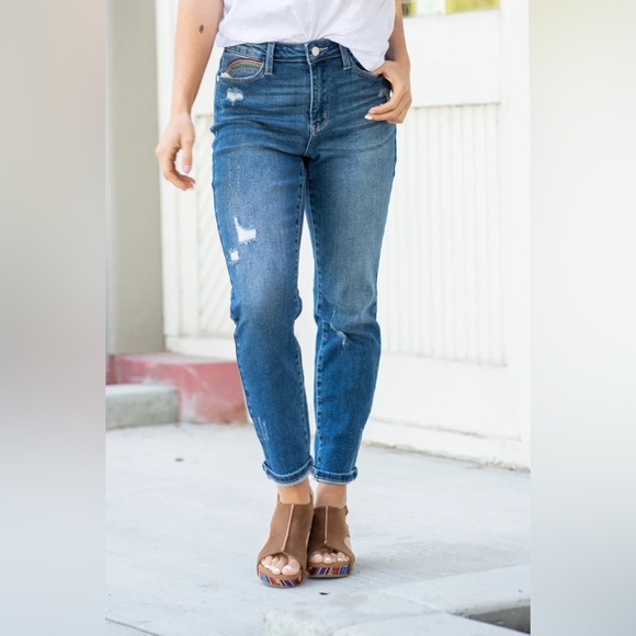 Judy Blue Straight Leg Denim Jeans Rainbow Embroidery Style JB88438 MD Size 5/27 - Picture 1 of 13